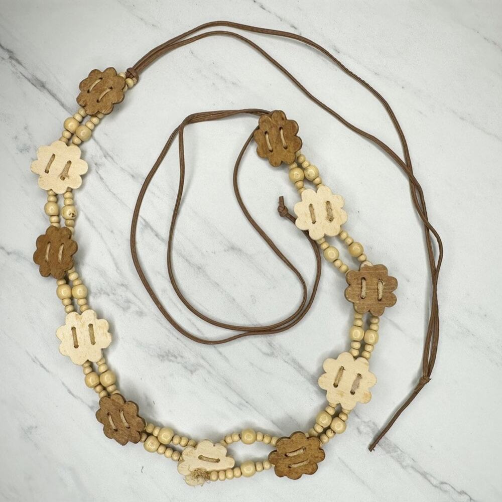 Wood Flower Beaded Cord Tie Belt Boho Cottagecore Small (S) ✨